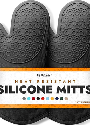 BPA-Free Silicone Oven Mitts Ultra Heat Resistant up to 500°F - Oven Mitts with Thick Cotton Liner - Long Slip Resistant Pot Holders, Flexible Oven Gloves - Black 13.7"