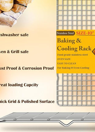 2PCS Cooling Racks for Cooking and Baking - 10" x 16"Heavy Duty Stainless Steel Wire Rack for Baking, Grilling, Roasting - Oven & Dishwasher Safe - Fits Half Sheet Pan（Silver）