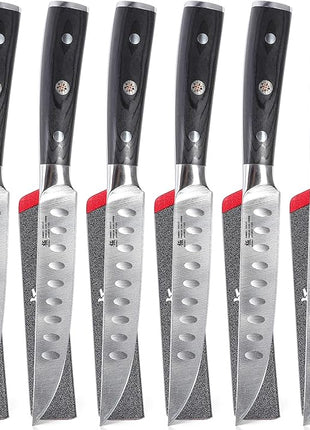 KYOKU Steak Knife Set of 6, Samurai Series 5" Steak Knives, Non Serrated High Carbon Steel Knives Set with Case Pakkawood Handles Mosaic Pins Sheaths, Ultra Sharp Dinner and Kitchen Knife Cutlery Set