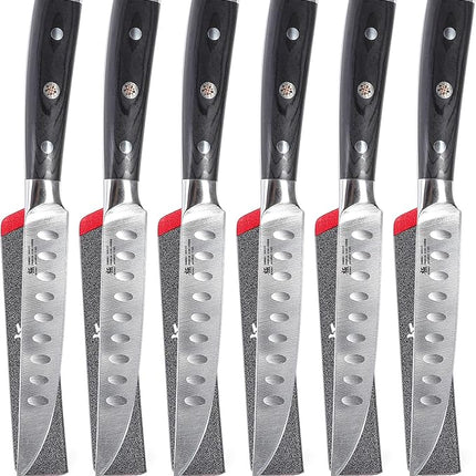 KYOKU Steak Knife Set of 6, Samurai Series 5" Steak Knives, Non Serrated High Carbon Steel Knives Set with Case Pakkawood Handles Mosaic Pins Sheaths, Ultra Sharp Dinner and Kitchen Knife Cutlery Set