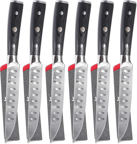 KYOKU Steak Knife Set of 6, Samurai Series 5" Steak Knives, Non Serrated High Carbon Steel Knives Set with Case Pakkawood Handles Mosaic Pins Sheaths, Ultra Sharp Dinner and Kitchen Knife Cutlery Set