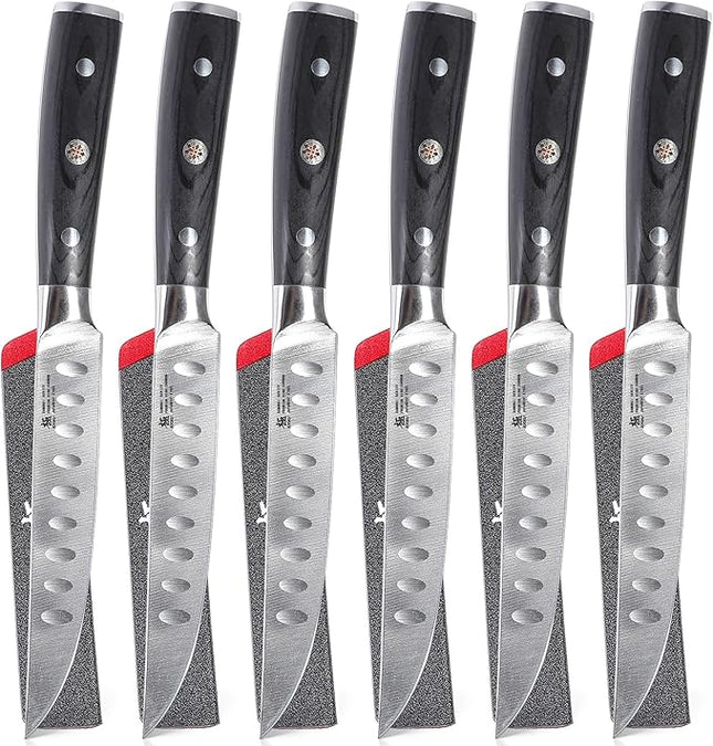 KYOKU Steak Knife Set of 6, Samurai Series 5" Steak Knives, Non Serrated High Carbon Steel Knives Set with Case Pakkawood Handles Mosaic Pins Sheaths, Ultra Sharp Dinner and Kitchen Knife Cutlery Set