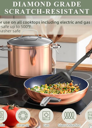 Nuwave Healthy Duralon Blue Ceramic Nonstick Cookware Set, Diamond Infused Scratch-Resistant, PFAS Free, Dishwasher & Oven Safe, Induction Ready & Evenly Heats,Tempered Glass Lids & Stay-Cool Handles