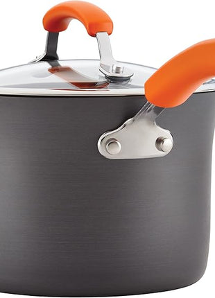Rachael Ray Brights Hard-Anodized Aluminum Nonstick Cookware Set with Glass Lids, 10-Piece Pot and Pan Set, Gray with Orange Handles