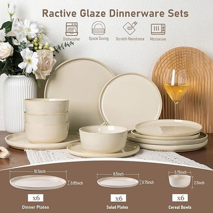 GBHOME Ceramic Dinnerware Sets for 6, 18 Pieces Stoneware Plates and Bowls Sets, Scratch Resistant Dishes, Dishwasher & Microwave Safe, Reactive Glaze-Vanilla color
