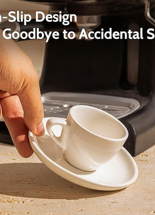 Sweese 4oz Porcelain Espresso Cups with Saucers, Set of 6 - Ideal for Espresso, Cappuccino, Latte, Tea - White