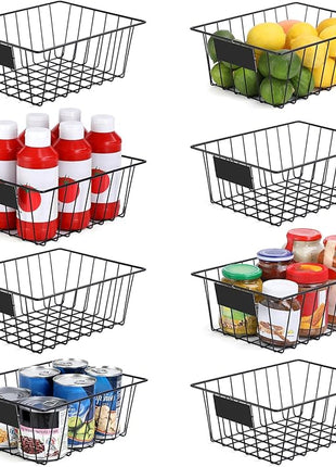 8 Pack Wire Storage Baskets for Organizing with Removable Tags, Pantry Organization Bins for Kitchen Cabinets, Closet - Metal Basket for Laundry, Garage, Refridge, Bathroom Countertop Organizer, Black