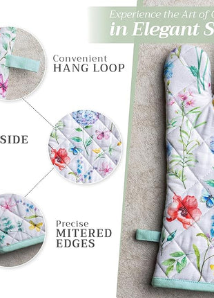 Maison d' Hermine 100% Cotton Oven Mitt & Pot Holder Set (7.5"x13" & 8"x8") Heat Resistant BBQ Cooking Gloves with Loop, Baking, Grilling, Kitchen, Handling Hot Pans Spring/Summer (Just Floral)