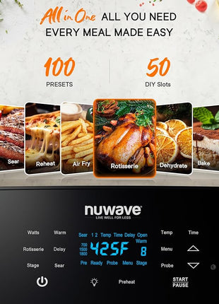 Nuwave Brio 15.5Qt Air Fryer Rotisserie Oven, X-Large Family Size, Powerful 1800W, 4 Rack Positions, 50°-425°F Temp Controls, 100 Presets & 50 Memory, Integrated Smart Thermometer, Linear T Technology