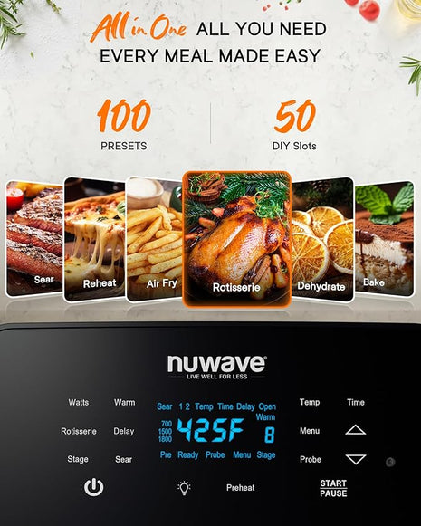 Nuwave Brio 15.5Qt Air Fryer Rotisserie Oven, X-Large Family Size, Powerful 1800W, 4 Rack Positions, 50°-425°F Temp Controls, 100 Presets & 50 Memory, Integrated Smart Thermometer, Linear T Technology
