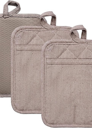 Pot Holders Yarn-Dyed Set of 3 Non Slip Silicone Kitchen Lines Heat Resistant 500℉ Kitchen Gloves BBQ Cooking Baking Cooking Barbecue Microwave Machine Washable (Khaki Pot Holders)