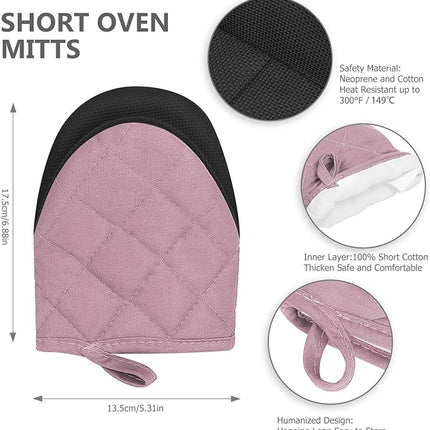 1 Pair Short Oven Mitts - Silicone Kitchen Oven Gloves High Heat Resistant 500℉, Mini Oven Mits with Non-Slip Grip Surfaces and Hanging Loop for BBQ, Baking, Cooking and Grilling (Pink)