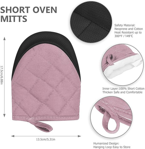 1 Pair Short Oven Mitts - Silicone Kitchen Oven Gloves High Heat Resistant 500℉, Mini Oven Mits with Non-Slip Grip Surfaces and Hanging Loop for BBQ, Baking, Cooking and Grilling (Pink)