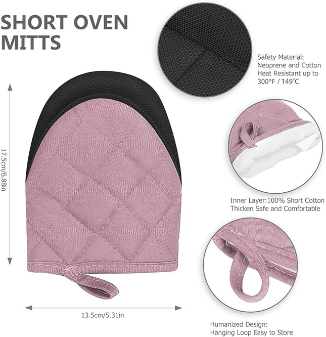 1 Pair Short Oven Mitts - Silicone Kitchen Oven Gloves High Heat Resistant 500℉, Mini Oven Mits with Non-Slip Grip Surfaces and Hanging Loop for BBQ, Baking, Cooking and Grilling (Pink)