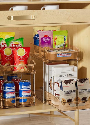 Delamu 2-Tier Under Sink Organizers and Storage, Multi-Purpose Stackable Bathroom Cabinet Organizers, Pull Out Kitchen Pantry Organization and Storage with Dividers(2 Pack, Amber)