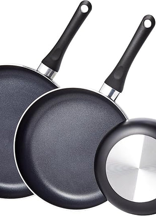 Amazon Basics Non Stick 3-Piece Kitchen Cookware Set, Includes 8-inch, 10-inch, 12-inch Pan, Black