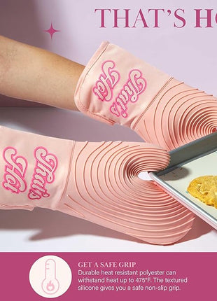 Paris Hilton Oven Mitt Set with Iconic That's HOT Design, Heat Resistant Pot Holders Featuring Non-Slip Textured Silicone Grips, 2-Piece Set, Pink