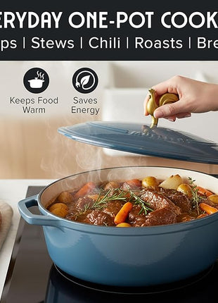 MUELLER HOME 5.5 Quart Enameled Cast Iron Oval Dutch Oven w Rooster Knob & Cotton Potholders, Heavy-Duty Cookware, Oven-Safe up to 500° F & Across All Cooktops, Gifts for Grandma & Women, Mineral Blue