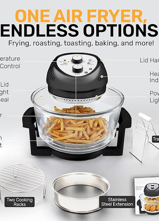 Big Boss 16Qt Extra Large Glass Air Fryer Non Toxic – Family Sized 4 in 1 Cooker with 3 Cooking Sections, Stainless Steel Racks for French Fries, Chicken, No Preheat, Self Cleaning, Dishwasher Safe