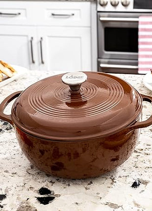 Lodge 6 Quart Enameled Cast Iron Dutch Oven with Lid – Dual Handles – Oven Safe up to 500° F or on Stovetop - Use to Marinate, Cook, Bake, Refrigerate and Serve – Burnt Sienna