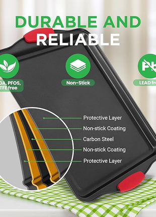 NutriChef 3-Piece Nonstick Kitchen Oven Baking Pans - Premium & Stylish Non-Stick Steel, Commercial Grade Restaurant Quality Metal Bakeware with Red Silicone Handles - Easy to Clean, NCSBS3S