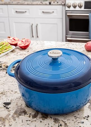 Lodge 7.5 Quart Enameled Cast Iron Dutch Oven with Lid – Dual Handles – Oven Safe up to 500° F or on Stovetop - Use to Marinate, Cook, Bake, Refrigerate and Serve – Caribbean Blue