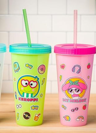 Silver Buffalo Sanrio Hello Kitty and Friends Sticker Design Featuring Kuromi, Keroppi, My Melody, and Hello Kitty 4 Pack Color Changing Plastic Tumbler Set with Glitter Straw, 24 Ounces