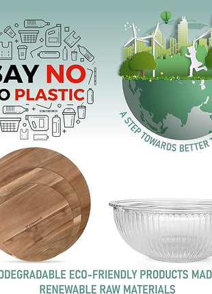 Set of 3 Stackable Space-Saving Nesting Glass Salad Bowls with Acacia Lids for Foodprep, Storage, Baking, Mixing & Cooking - Microwave Safe Durable Inert Borosilicate Glass