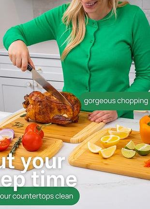 Organic Wooden Cutting Boards for Kitchen Set of 3 with Lifetime Replacements – Premium Extra Large Bamboo Chopping Boards with Juice Grooves for Carving & Serving, Non-Toxic & Durable by Greener Chef