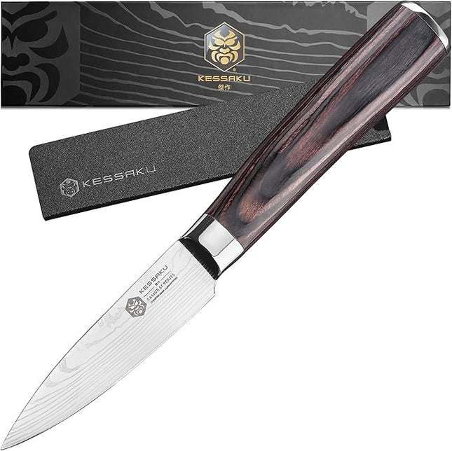 KESSAKU Paring Knife - 3.5 inch - Samurai Series - Razor Sharp Kitchen Knife - Forged 7Cr17MoV High Carbon Stainless Steel - Wood Handle with Blade Guard