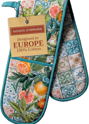 Maison d' Hermine Double Oven Mitts 100% Cotton 7"x35" Double Oven Mitt Heat Resistant BBQ Cooking Gloves with Loop, Baking, Grilling, Home, Kitchen, Handling Hot Pans Spring Summer (Agrume)