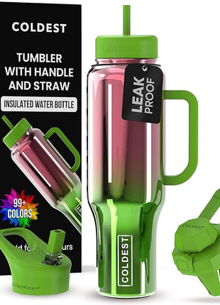 Coldest Tumbler with Handle and Straw - 100% Spill Proof Tumbler with Straw (3 Lids) - Stainless Steel Insulated Leakproof Tumblers for Women & Men - Cup Holder Friendly - 46 oz (Tinsel Nova)