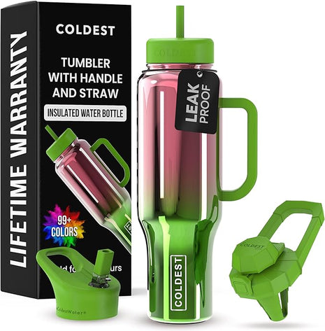 Coldest Tumbler with Handle and Straw - 100% Spill Proof Tumbler with Straw (3 Lids) - Stainless Steel Insulated Leakproof Tumblers for Women & Men - Cup Holder Friendly - 46 oz (Tinsel Nova)
