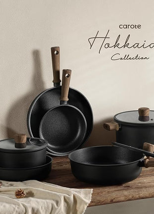 CAROTE Nonstick Pots and Pans, Induction Cookware Set Kitchen Cooking Sets, Non Stick w/Frying Pan (PFOS, PFOA Free), Black, 16pcs