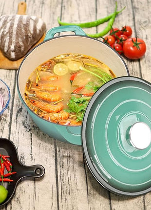 Puricon 5.5 Quart Enameled Cast Iron Dutch Oven with Lid, 5.5 QT Deep Round Dutch Oven Pot with Dual Handles -Teal