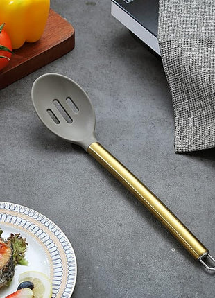 Berglander Non-stick Silicone Slotted Spoon, Titanium Gold Plated Handle, Basting Spoon, Dishwasher Safe, Easy to Clean