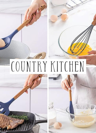 Country Kitchen Non Stick Silicone Utensil Set with Rounded Wood Handles for Cooking and Baking, 8 Piece Set, Navy