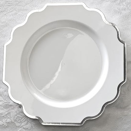 " OCCASIONS " 240 Plates Pack (120 Guests) Heavyweight Wedding Party Disposable Plastic Plates Set -120 x 10.5'' Dinner + 120 x 8'' Salad/Dessert Plate (Imperial in White & Silver Rim)