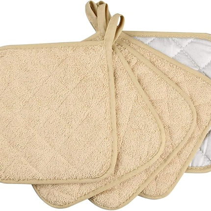 100% Cotton Kitchen Everyday Basic Terry Pot Holder Heat Resistant Coaster Potholder for Cooking and Baking Set of 5 Light Brown