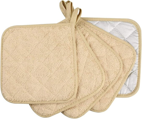 100% Cotton Kitchen Everyday Basic Terry Pot Holder Heat Resistant Coaster Potholder for Cooking and Baking Set of 5 Light Brown