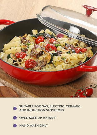 Crock Pot Artisan 5-Quart Enameled Cast Iron Braiser Pan With Borosilicate Glass Lid, Everyday Covered Skillet for Searing, Roasting, and Baking, Red