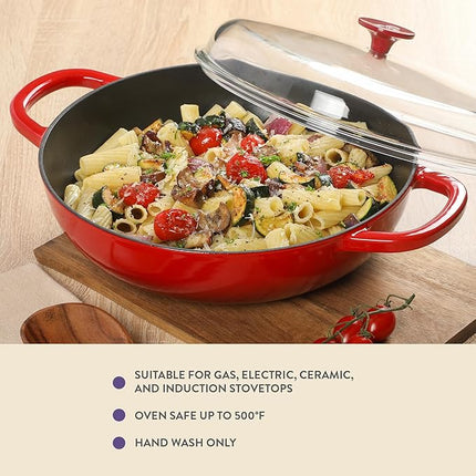 Crock Pot Artisan 5-Quart Enameled Cast Iron Braiser Pan With Borosilicate Glass Lid, Everyday Covered Skillet for Searing, Roasting, and Baking, Red