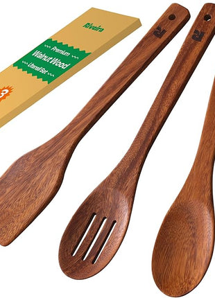 Riveira Walnut Wooden Spoons for Cooking Set of 3 – Natural Walnut Wooden Cooking Utensils, Spatula, Spoon - Premium Quality Utensil Set for Non-Toxic Cooking