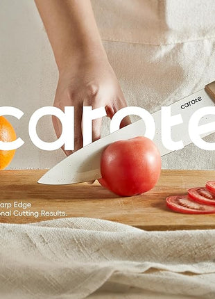 CAROTE 12PCS Knife set with Blade Guards,Granite Nonstick Ceramic Coating,Stainless Steel blade, Wood Grain Handle, Essential knife set,White