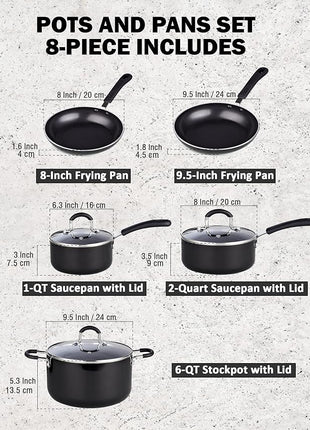 Cook N Home Pots and Pans Nonstick Kitchen Cookware Sets include Saucepan Frying Pan Stockpots 8-Piece, Heavy Gauge, Stay Cool Handle, Black