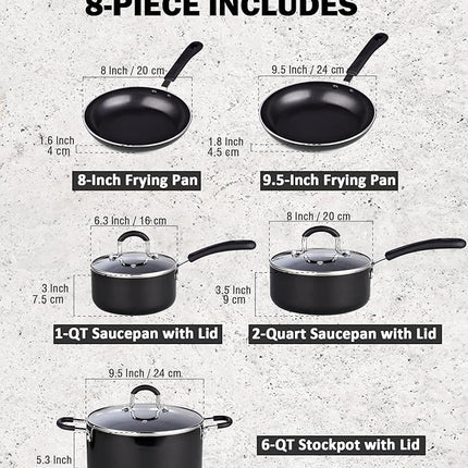 Cook N Home Pots and Pans Nonstick Kitchen Cookware Sets include Saucepan Frying Pan Stockpots 8-Piece, Heavy Gauge, Stay Cool Handle, Black