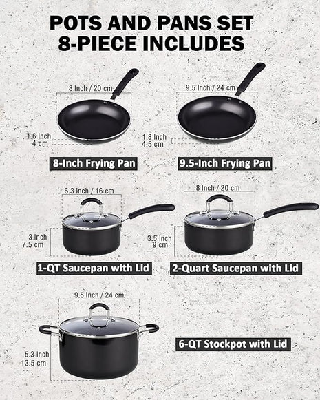 Cook N Home Pots and Pans Nonstick Kitchen Cookware Sets include Saucepan Frying Pan Stockpots 8-Piece, Heavy Gauge, Stay Cool Handle, Black