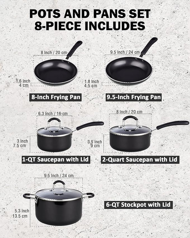 Cook N Home Pots and Pans Nonstick Kitchen Cookware Sets include Saucepan Frying Pan Stockpots 8-Piece, Heavy Gauge, Stay Cool Handle, Black