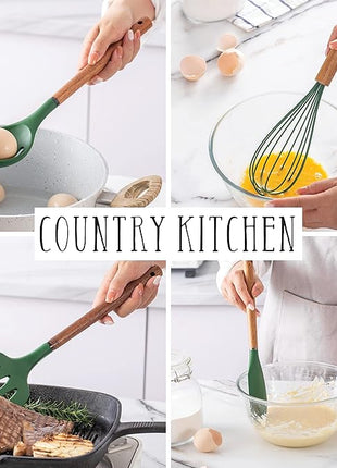 Country Kitchen Non Stick Silicone Utensil Set with Rounded Wood Handles for Cooking and Baking, 8 Piece Set, Green
