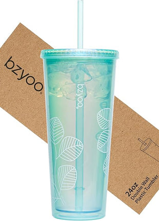 bzyoo SIP 24oz (710ml) Double Wall Plastic Tumbler with Lid and Straw Cold Drink Travel Mug Reusable Ice Coffee Tea Cup Perfect for Office Poolside Parties Gifts Color: Pearl Green